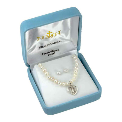 Communion Miraculous Heart with Pearls Earring & Necklace in Box, HMH Religious