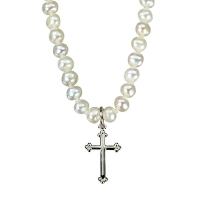 Sterling Silver Freshwater Pearls Cross Necklace, HMH Religious