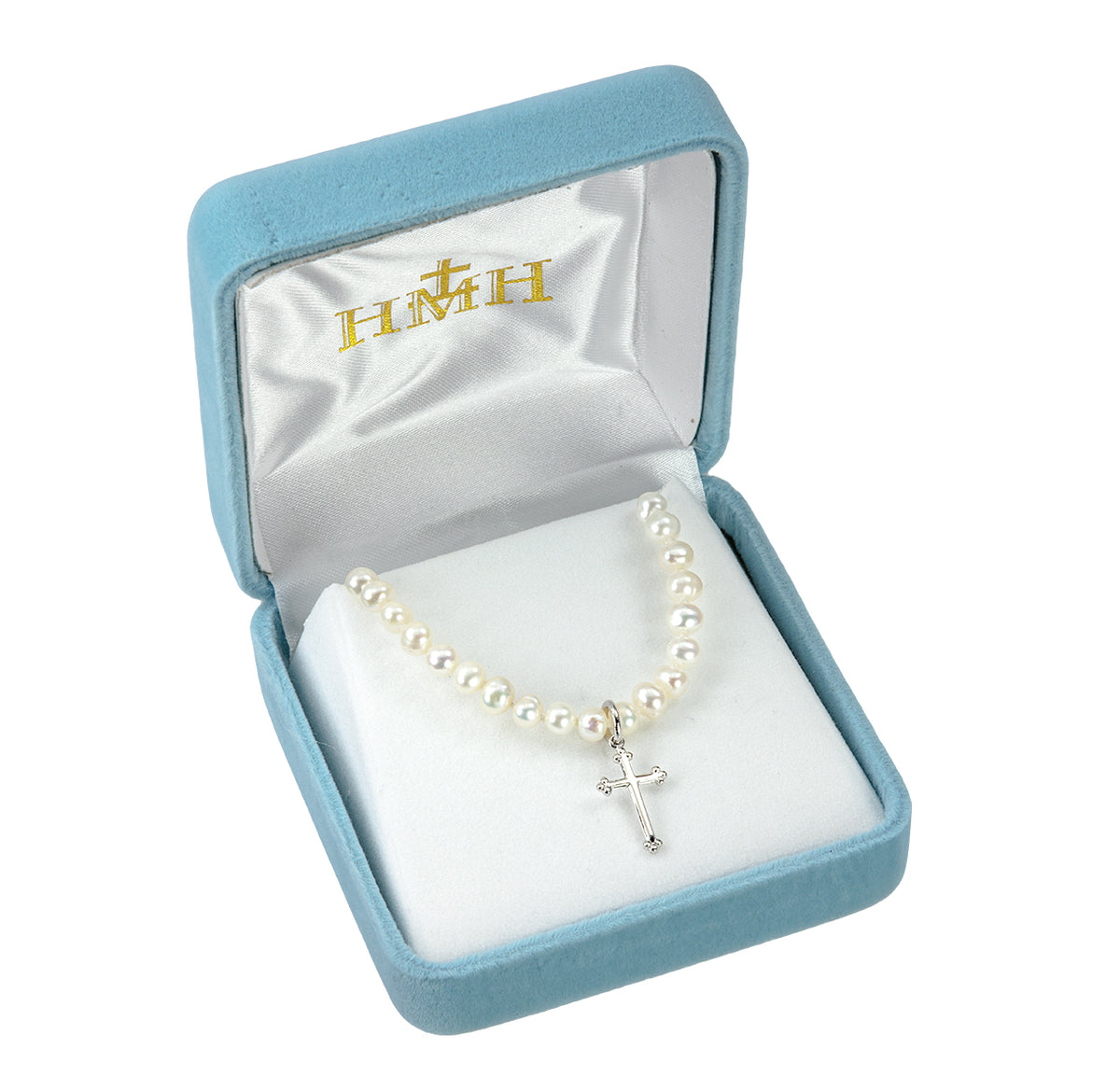 Sterling Silver Freshwater Pearls Cross Necklace in Box