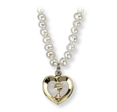 Gold/Sterling Communion Heart Chalice Freshwater Pearls Necklace, HMH Religious