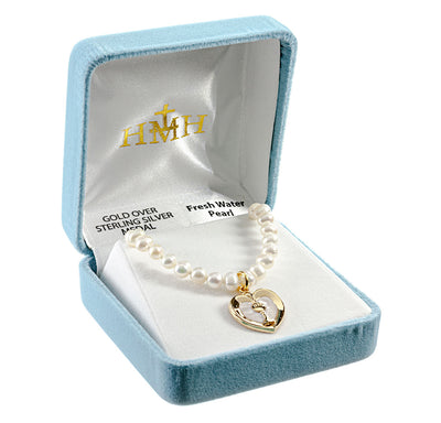 Gold/Sterling Communion Heart Chalice Freshwater Pearls Necklace in box, HMH Religious
