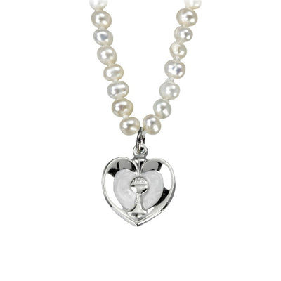 Communion Sterling Silver Heart Chalice Freshwater Pearls Necklace, HMH Religious