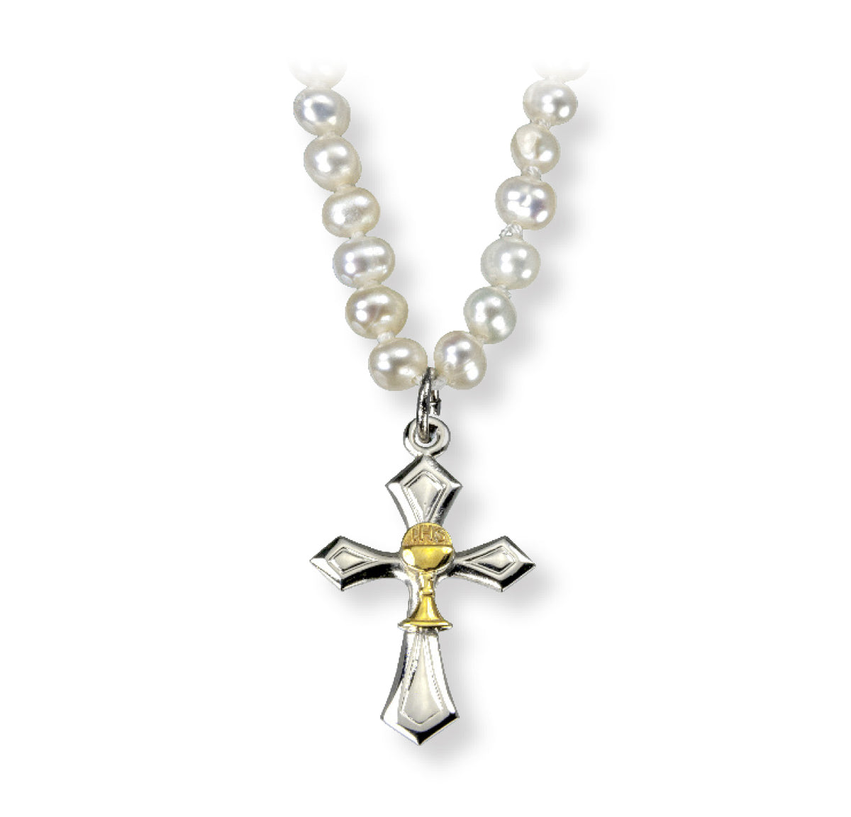 Freshwater Pearl Communion Necklace Two-Tone Cross w/Chalice Center