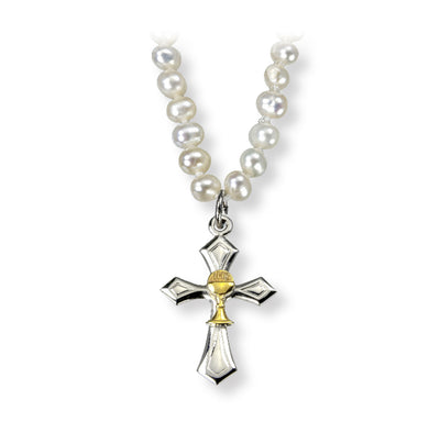 Freshwater Pearl Communion Necklace Two-Tone Cross w/Chalice Center, HMH Religious