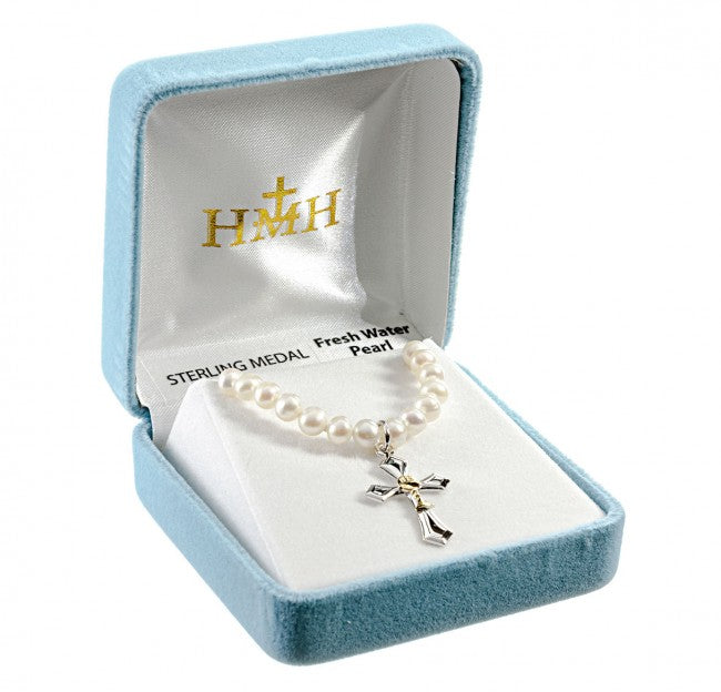 Freshwater Pearl Communion Necklace Two-Tone Cross w/Chalice Center in Box,