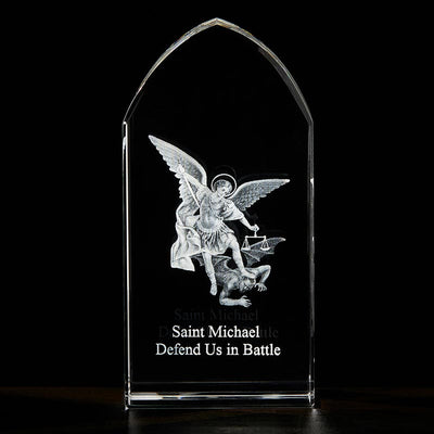 Lux Mundi Collection Saint Michael the Archangel Etched Glass Stand, Jeweled Cross