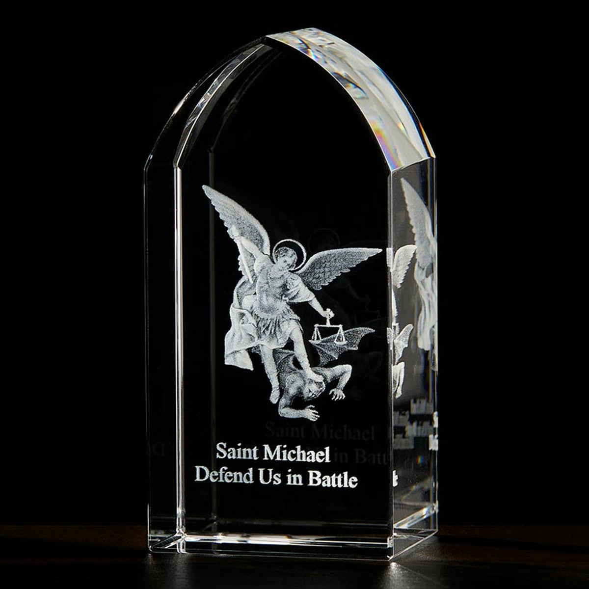 Lux Mundi Saint Michael the Archangel Etched Glass Stand Side View,