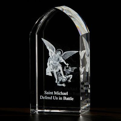 Lux Mundi Saint Michael the Archangel Etched Glass Stand Side View, Jeweled Cross