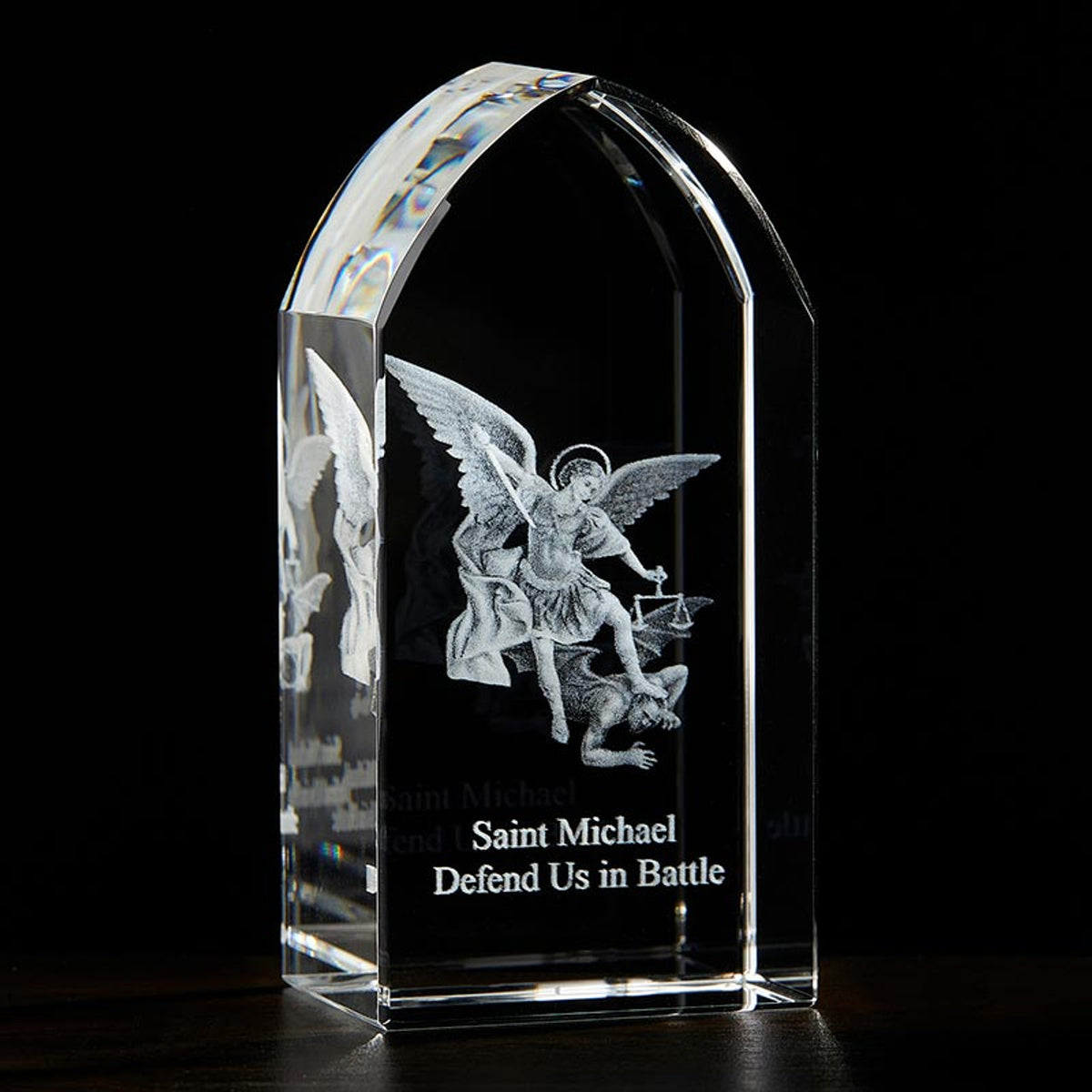 Saint Michael the Archangel Etched Glass Stand Side View,