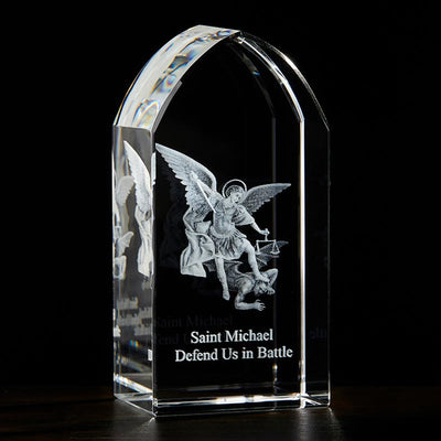 Saint Michael the Archangel Etched Glass Stand Side View, Jeweled Cross