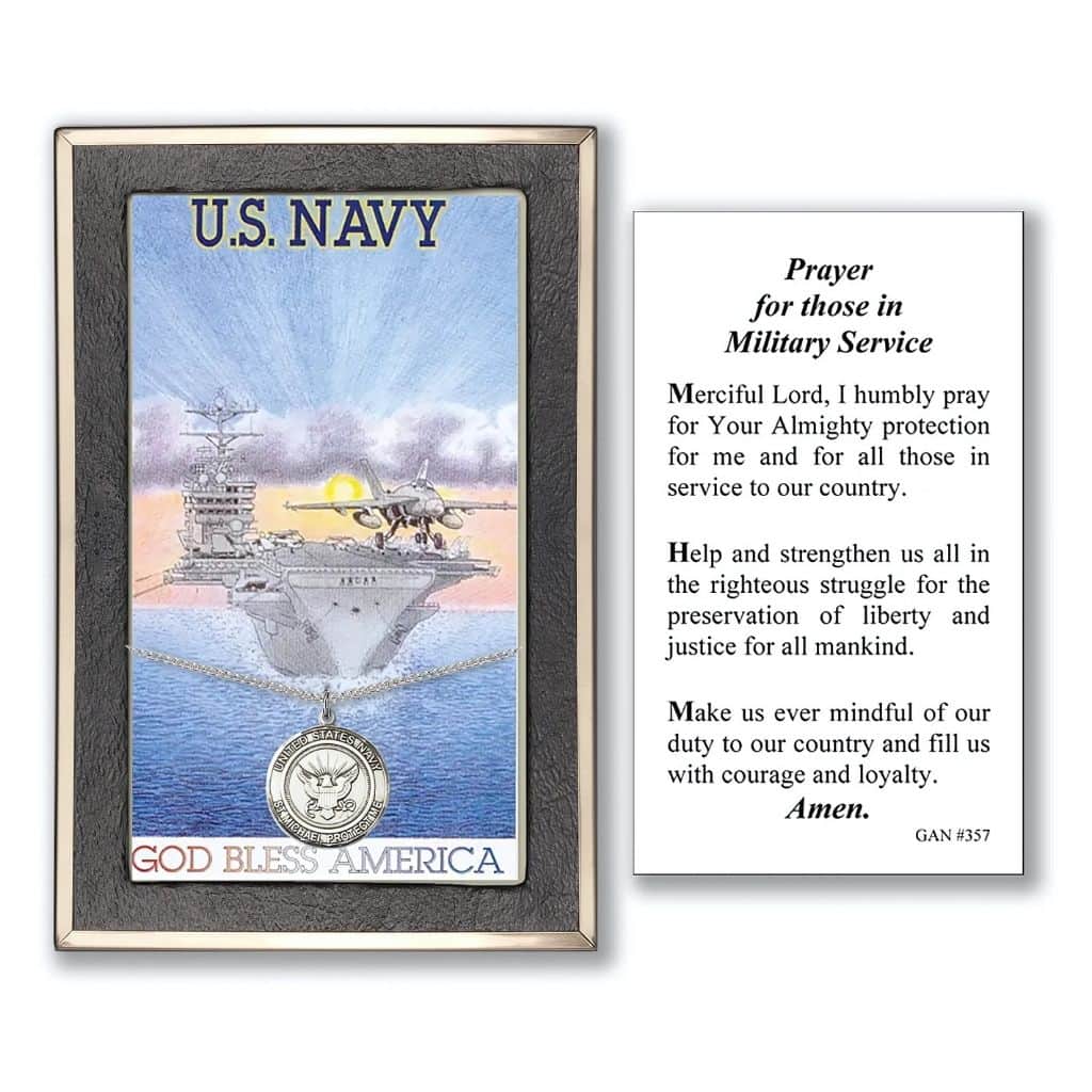 St. Michael Navy sterling silver medal 3/4-inch with this Military Service Prayer Card Gift Set