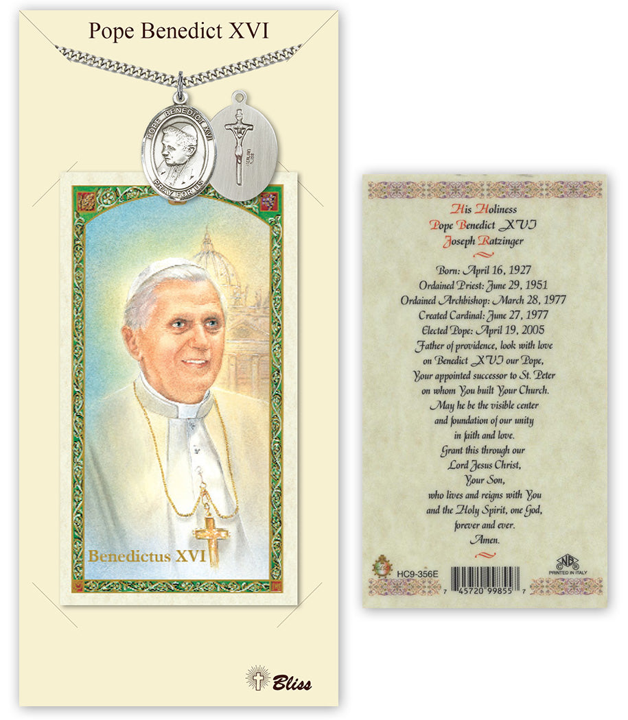 Pewter Pope Emeritace Benedict XVI Medal on a 24 inch Heavy Curb Chain with a Prayer Card