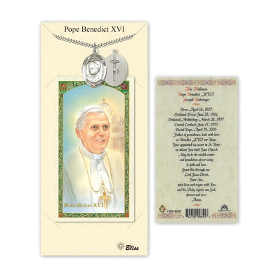 Pewter Pope Emeritace Benedict XVI Medal on a 24 inch Heavy Curb Chain with a Prayer Card, Bliss Manufacturing