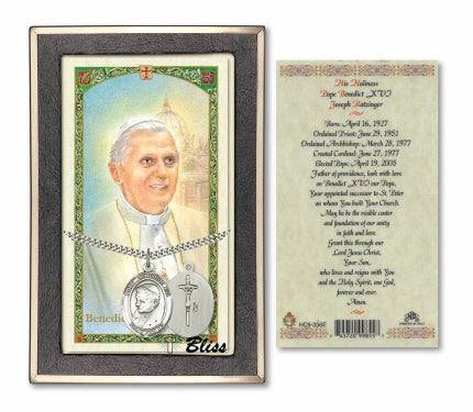 Sterling Silver Pope Emeritace Benedict XVI Medal on a 24 inch Heavy Curb Chain with a Prayer Card