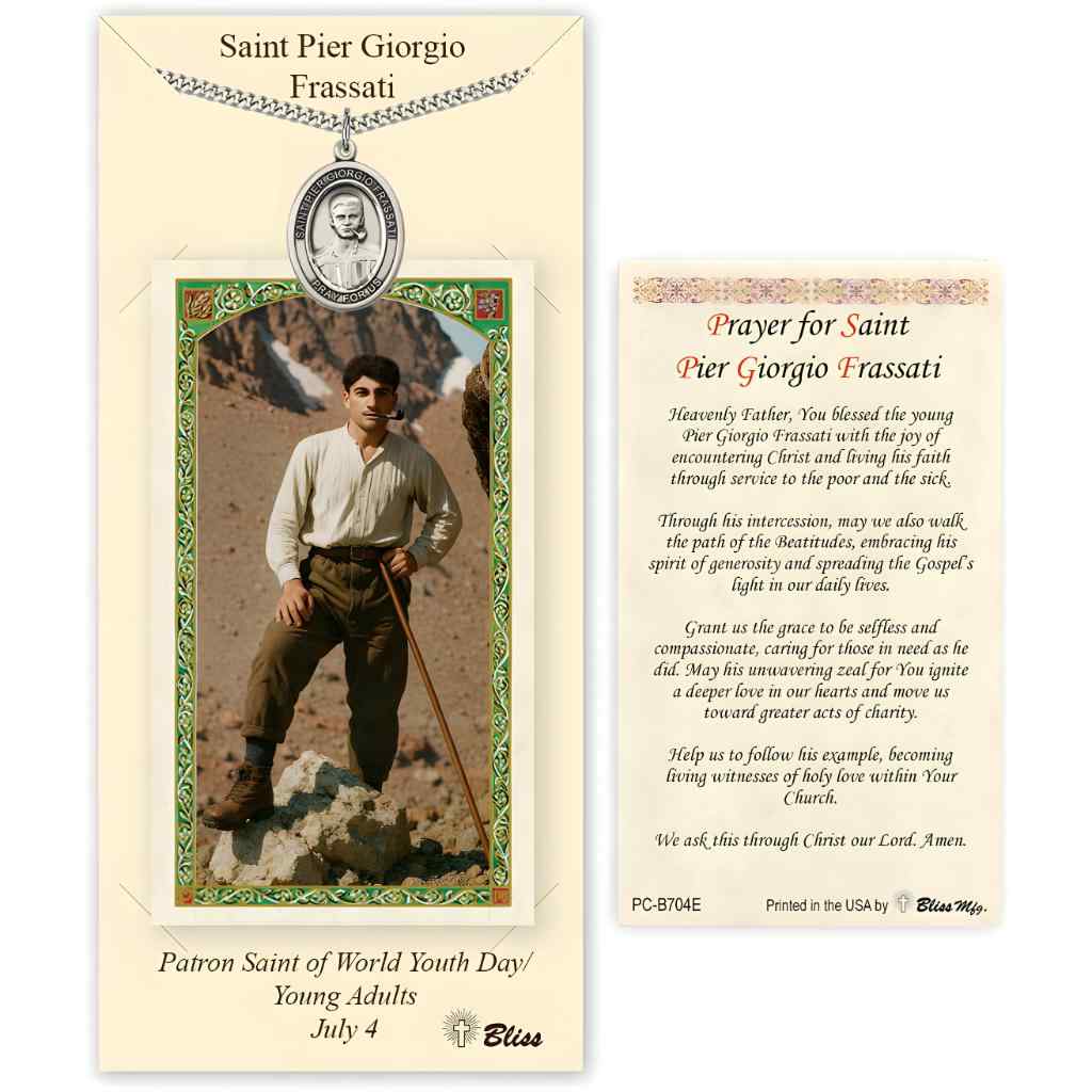 St. Pier Giorgio Frassati Pewter Medal with rhodium-plated heavy curb chain and  Holy Card gift set, patron saint of World Youth Day (view 1)