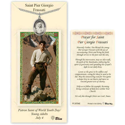 St. Pier Giorgio Frassati Pewter Medal with rhodium-plated heavy curb chain and  Holy Card gift set, patron saint of World Youth Day (view 1)