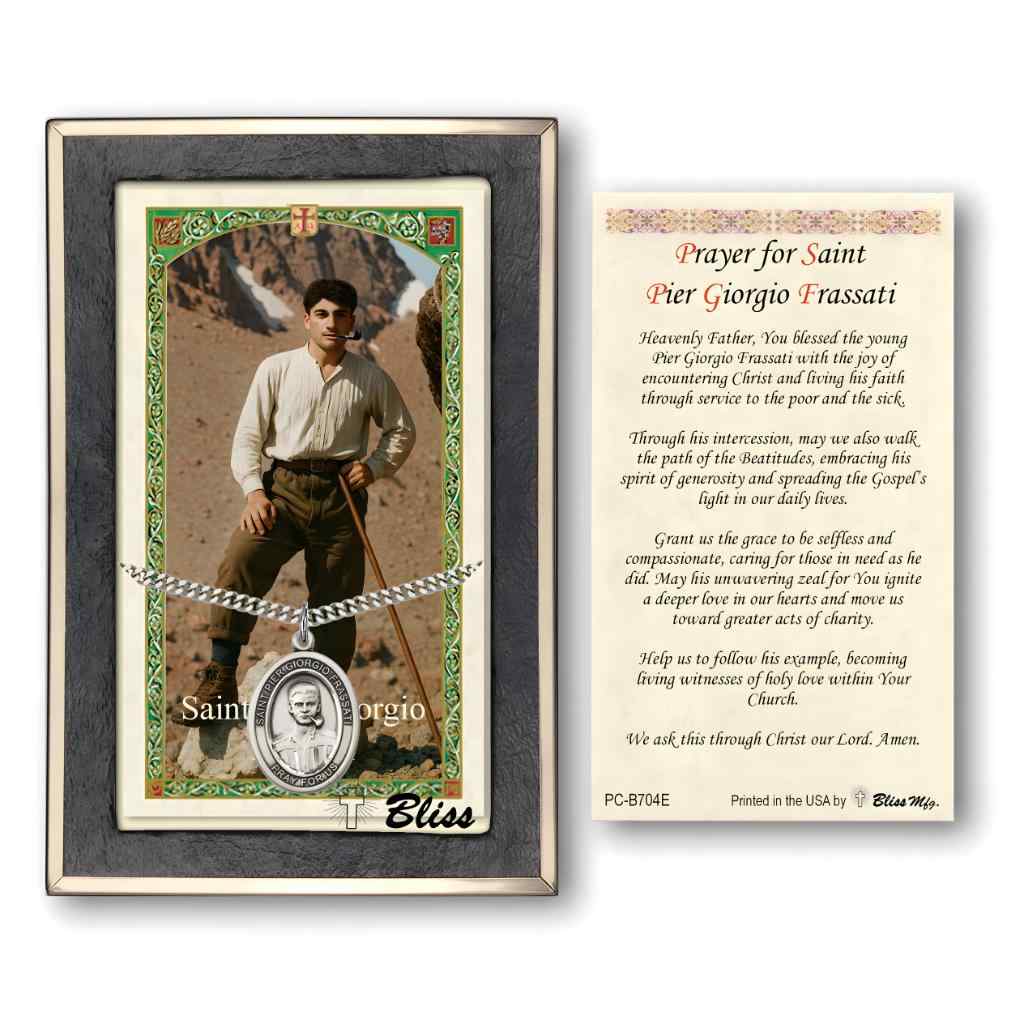 St. Pier Giorgio Frassati Sterling Silver Medal with rhodium-plated heavy curb chain and  Holy Card gift set, patron saint of World Youth Day (view 2)