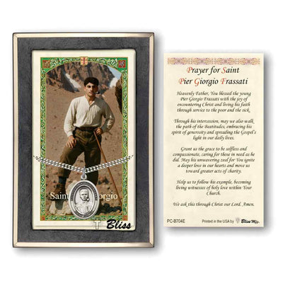 St. Pier Giorgio Frassati Sterling Silver Medal with rhodium-plated heavy curb chain and  Holy Card gift set, patron saint of World Youth Day (view 2)
