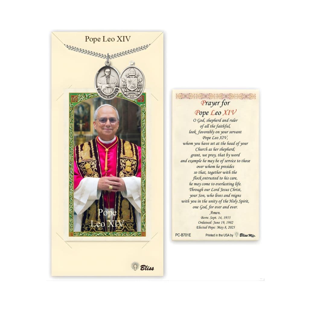 Bliss Pewter Pope Leo XIV medal 1" x 3/4" on a 24 inch Heavy Curb Chain with a Prayer for Pope Leo XIV Prayer 