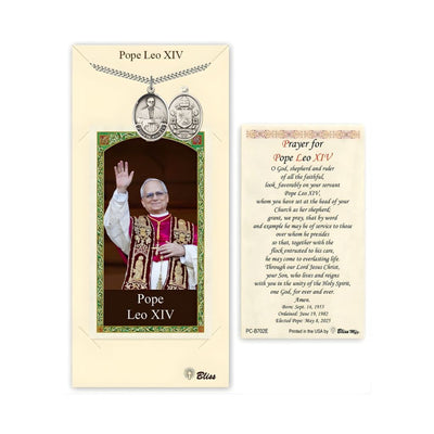 Pewter Pope Leo XIV medal 1" x 3/4" on a 24 inch Heavy Curb Chain with a Prayer with Pope Leo XIV Waving Holy Card, Bliss Manufacturing