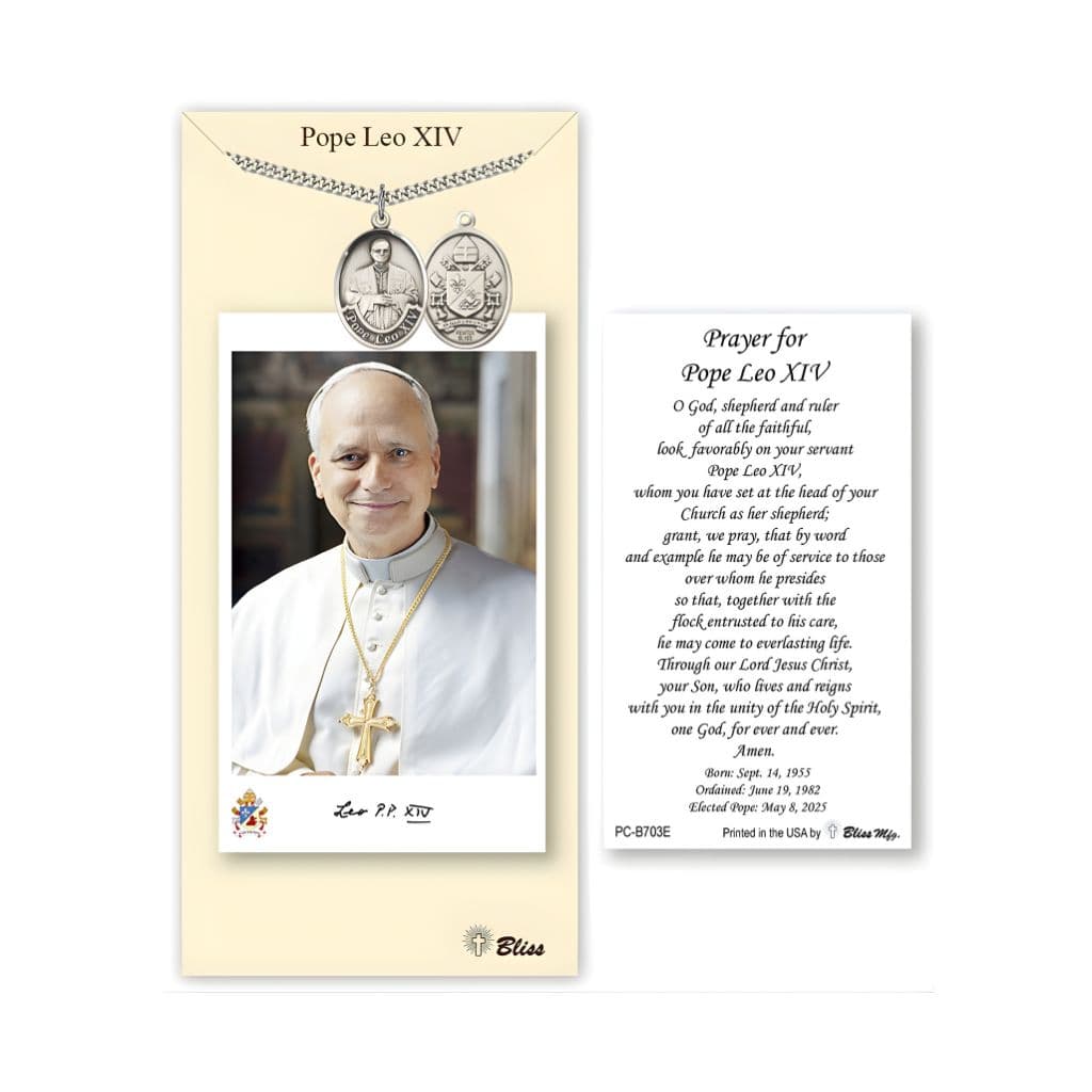 Bliss Pewter Pope Leo XIV medal 1" x 3/4" on a 24 inch Heavy Curb Plated Chain with a Prayer Holy Card