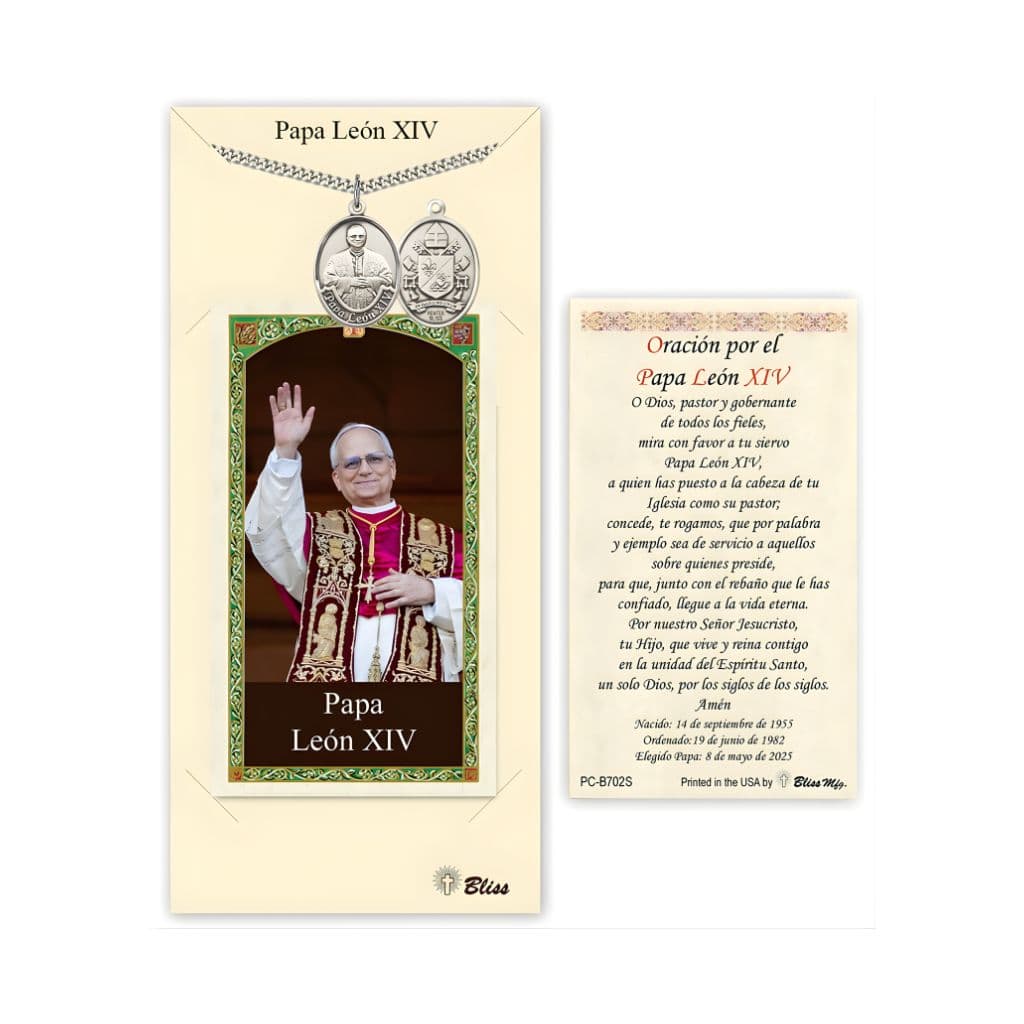 Bliss Pewter Pope Leo XIV medal 1" x 3/4" on a 24 inch Heavy Curb Chain with a Spanish Prayer with Pope Leo XIV Waving