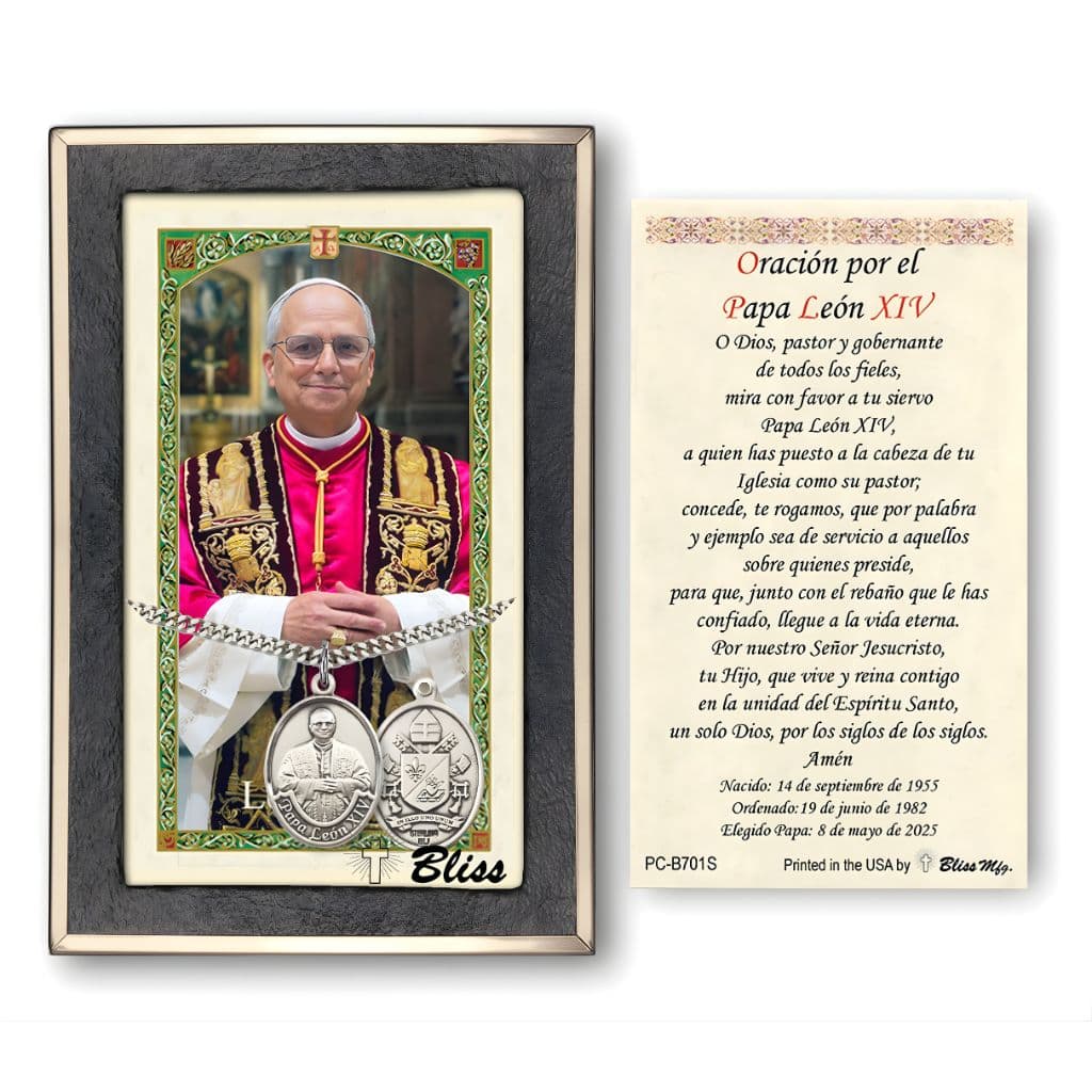 Bliss Sterling Silver Pope Leo XIV medal 1" x 3/4" on a 24 inch Heavy Curb Chain with a Spanish Prayer for Pope Leo XIV