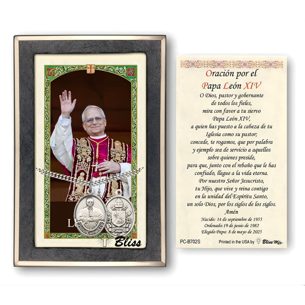 Bliss Sterling Silver Pope Leo XIV medal 1" x 3/4" on a 24 inch Heavy Curb Chain with a Spanish Prayer with Pope Leo XIV Waving
