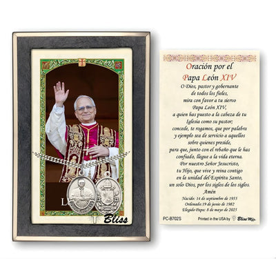 Sterling Silver Papa Leon XIV medal 1" x 3/4" on a 24 inch Heavy Curb Chain with a Spanish Prayer with Pope Leo XIV Waving, Bliss Manufacturing