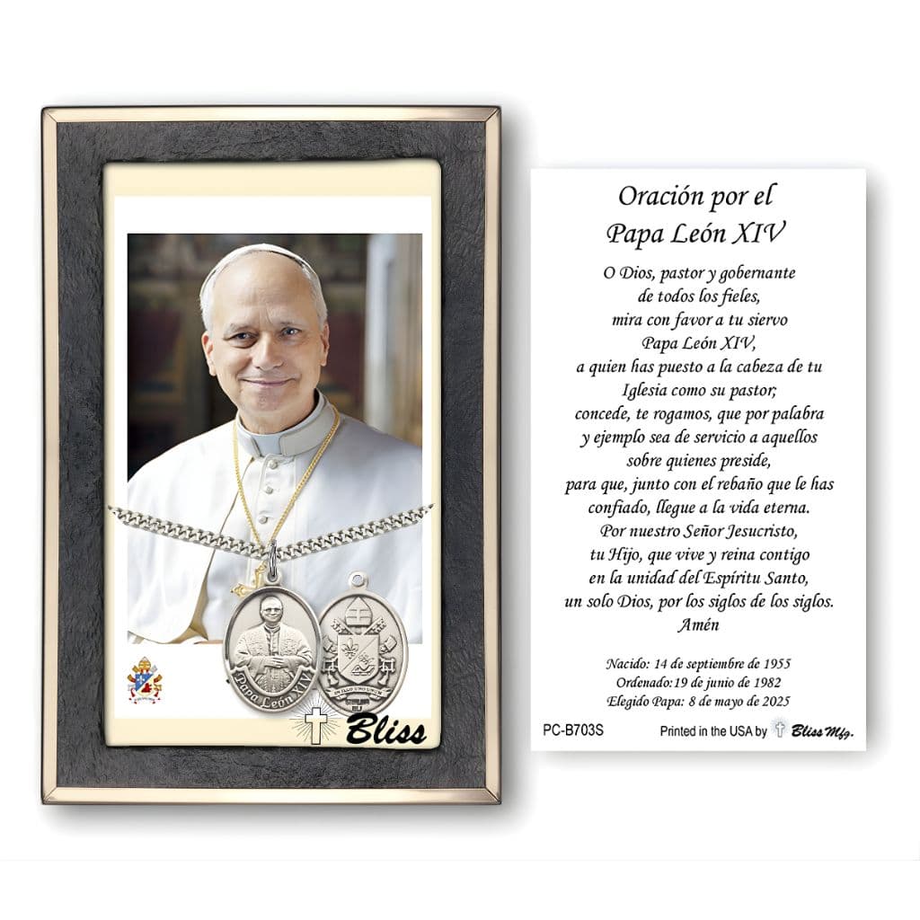 Bliss Sterling Silver Pope Leo XIV medal 1" x 3/4" on a 24 inch Heavy Curb Chain with a Spanish Prayer Holy Card