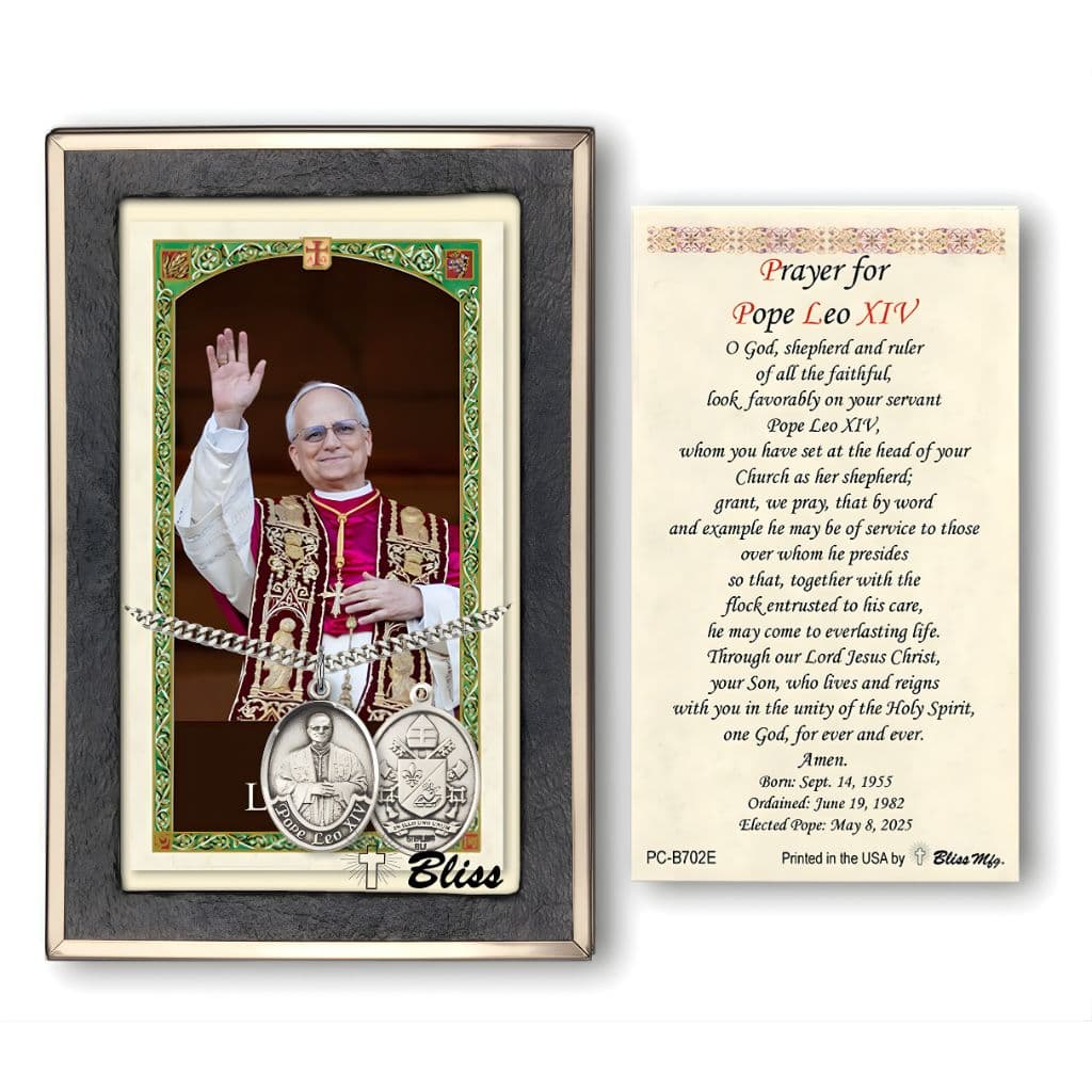 Bliss Sterling Silver Pope Leo XIV medal 1" x 3/4" on a 24 inch Heavy Curb Chain with a Prayer with Pope Leo XIV Waving Holy Card