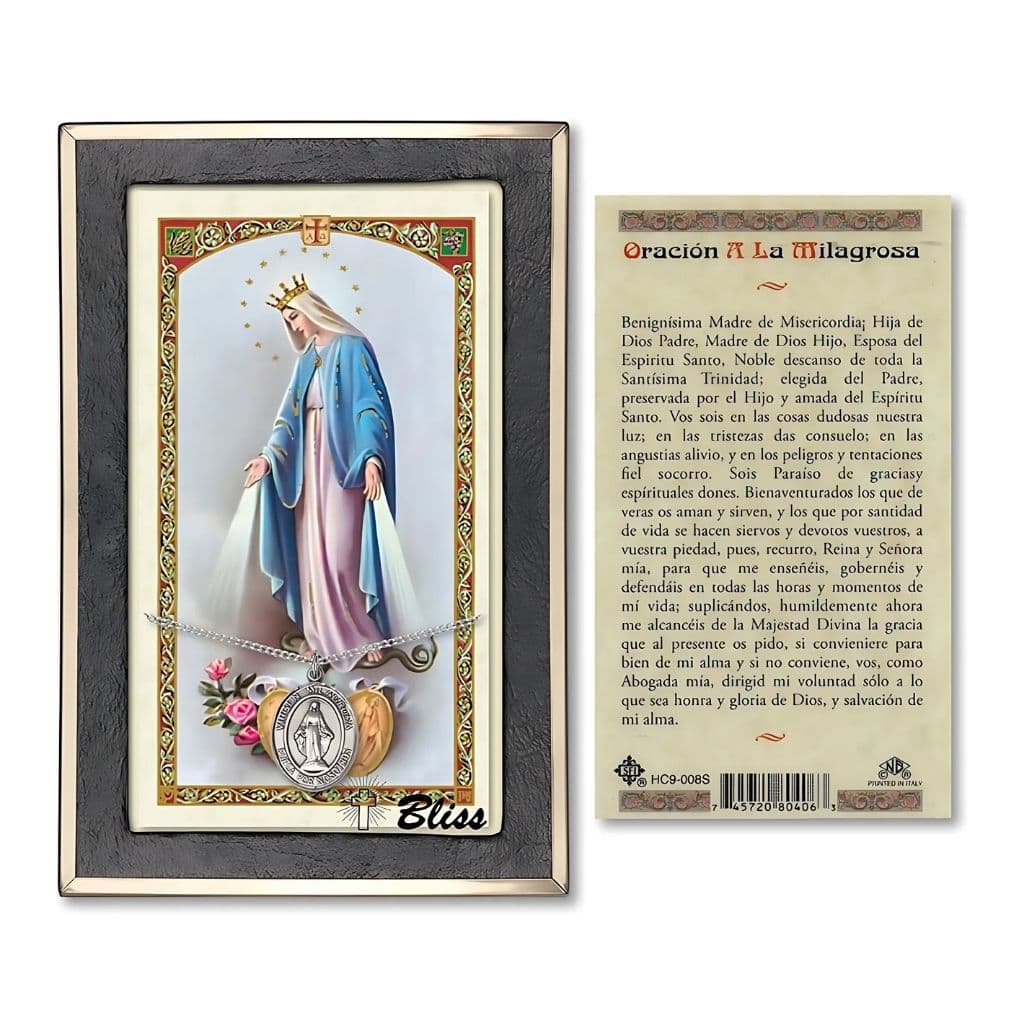 Bliss Virgen Milagrosa Sterling Silver 3/4-inch Medal & Spanish Text Prayer Holy Card Gift Set.