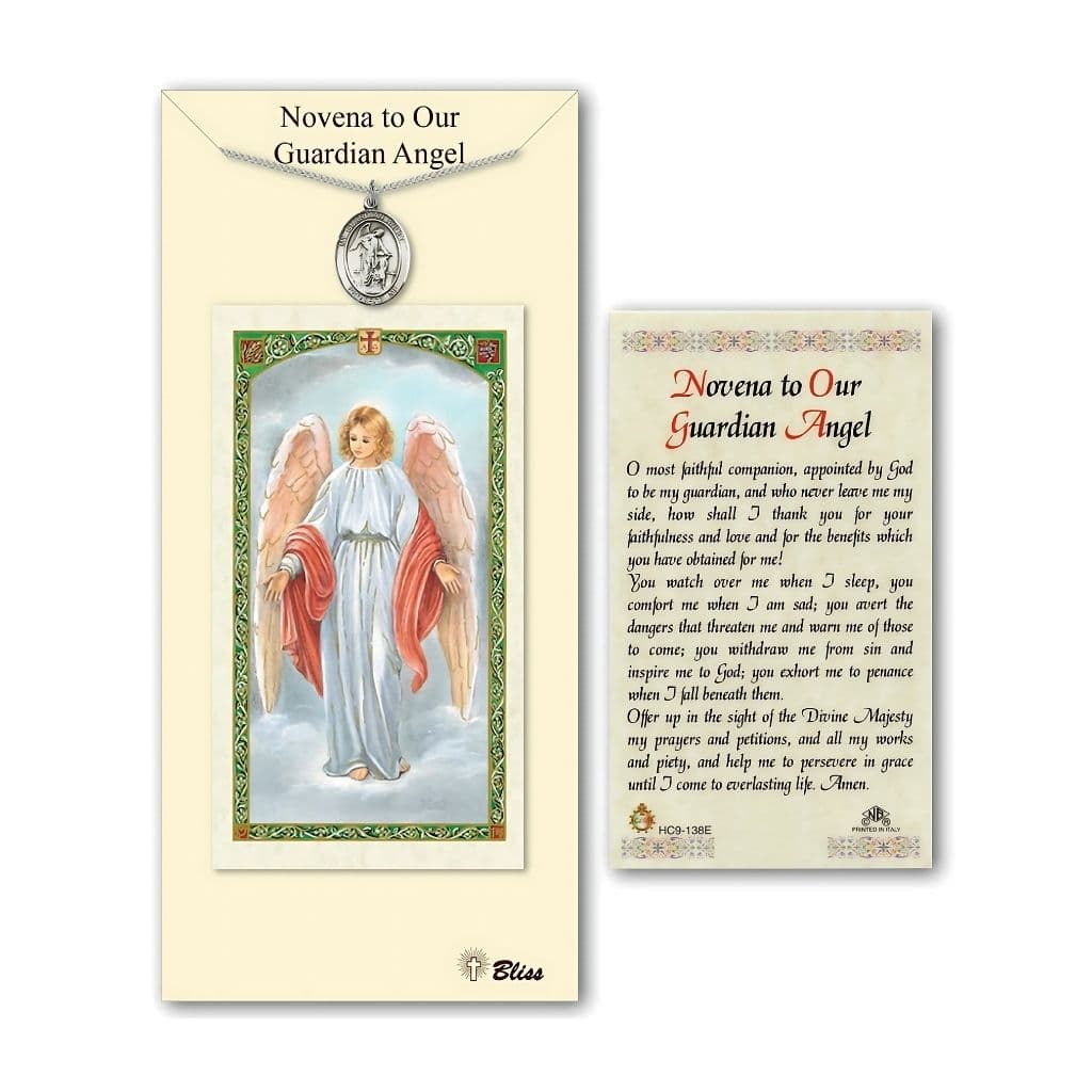 Bliss Guardian Angel with a Child Pewter 3/4-inch Medal and Novena Prayer Card Gift Set.