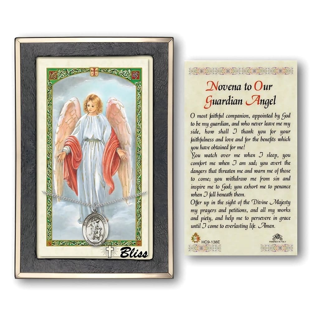 Bliss Guardian Angel with a Child Sterling Silver 3/4-inch Medal and Novena Prayer Card Gift Set.