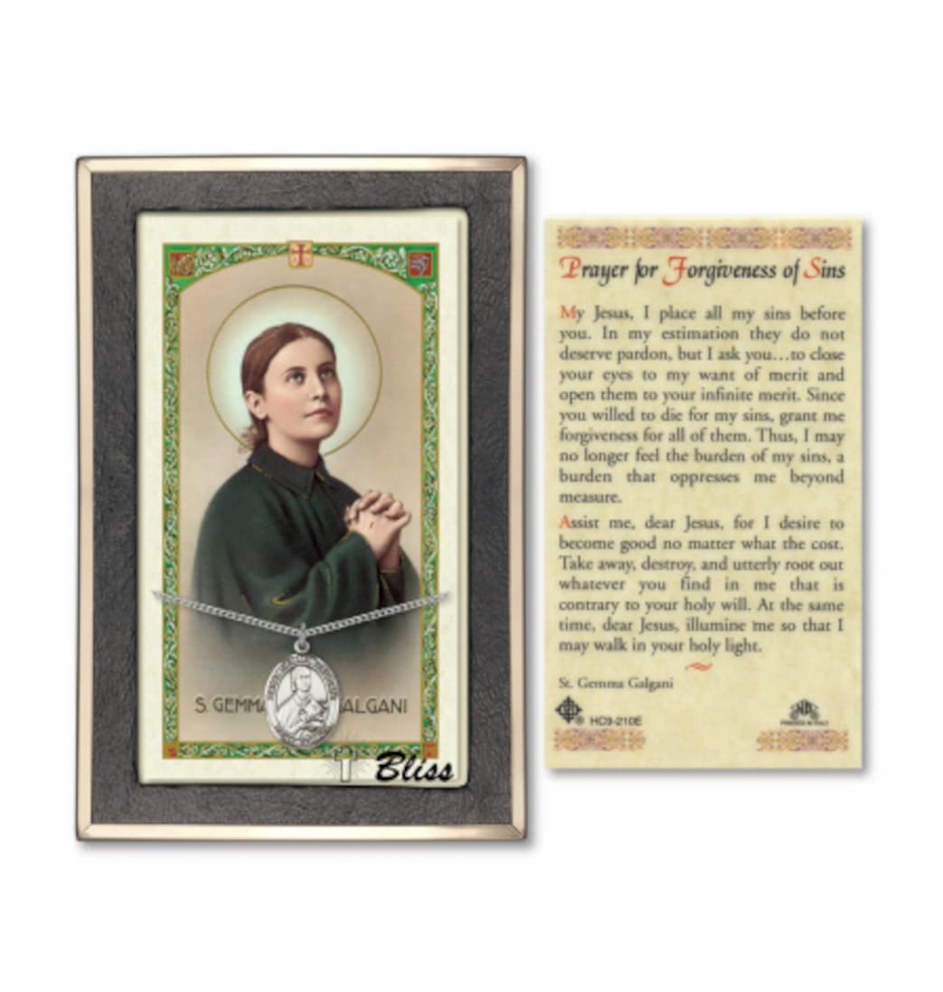 Bliss St Gemma Galgani Sterling Silver Medal and Forgiveness of Sins Prayer Holy Card Gift Set