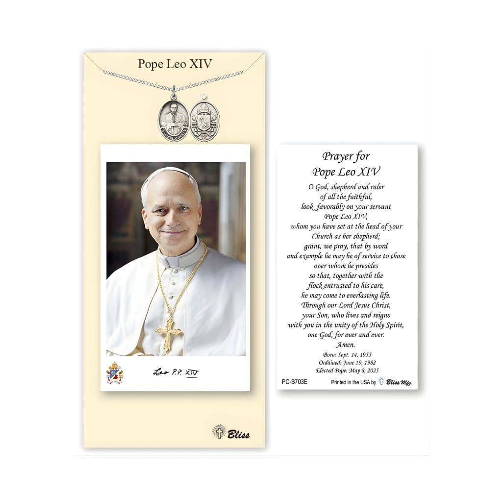 Bliss Pewter Pope Leo XIV medal 3/4" x 1/2" on a 18 inch Heavy Curb Plated Chain with a Prayer Holy Card