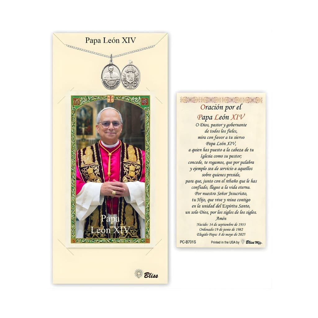 Bliss Pewter Papa Leon XIV medal 3/4" x 1/2" on a 18 inch Heavy Curb Chain with a Spanish Prayer for Pope Leo XIV