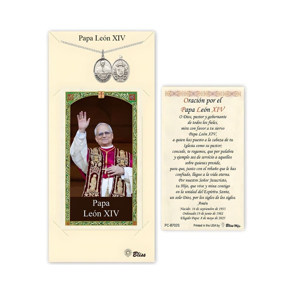 Bliss Pewter Papa Leon XIV medal 3/4" x 1/2" on a 18 inch Heavy Curb Chain with a Spanish Prayer with Pope Leo XIV Waving