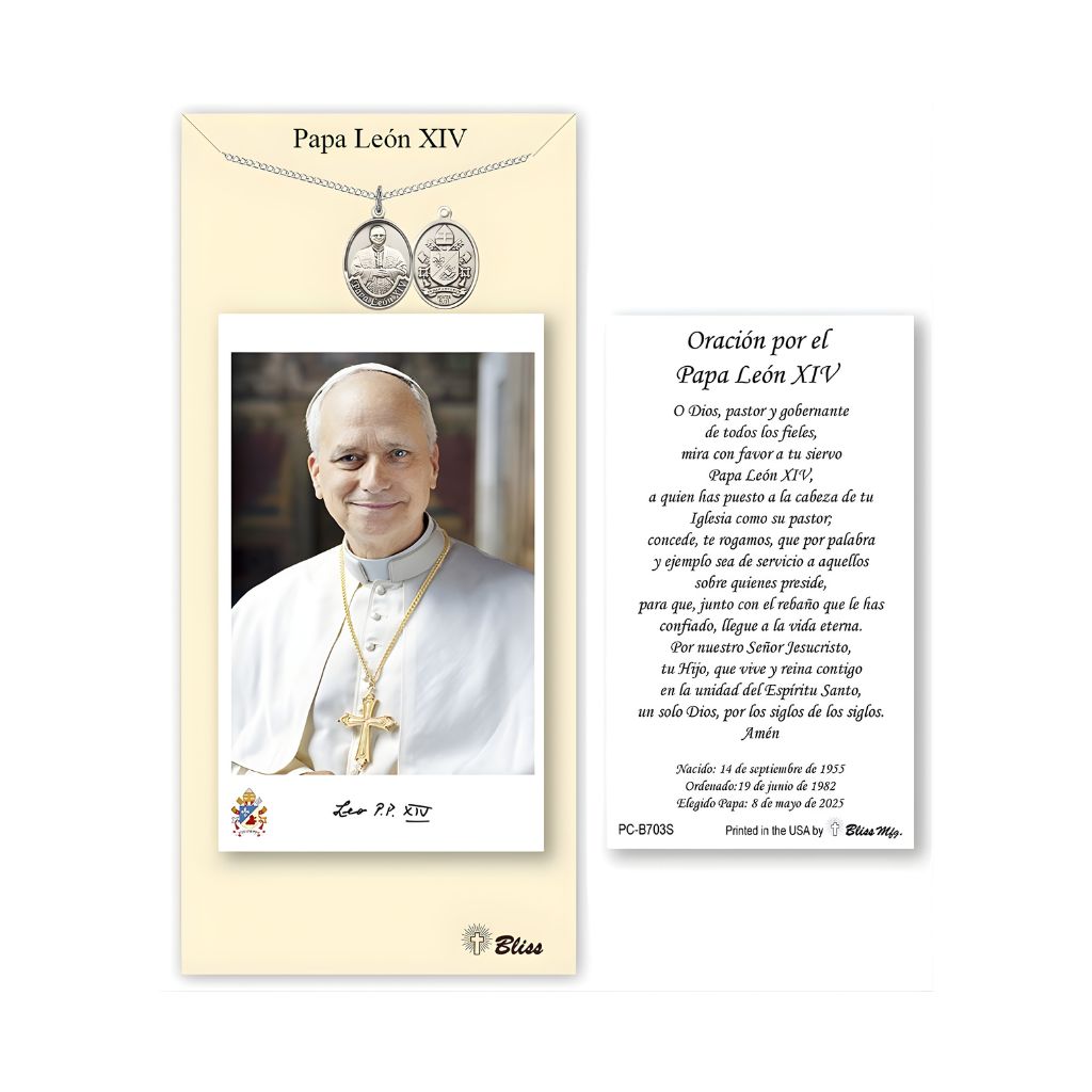 Bliss Pewter Papa Leon XIV medal 3/4" x 1/2" on a 18 inch Heavy Curb Chain with a Spanish Prayer Holy Card