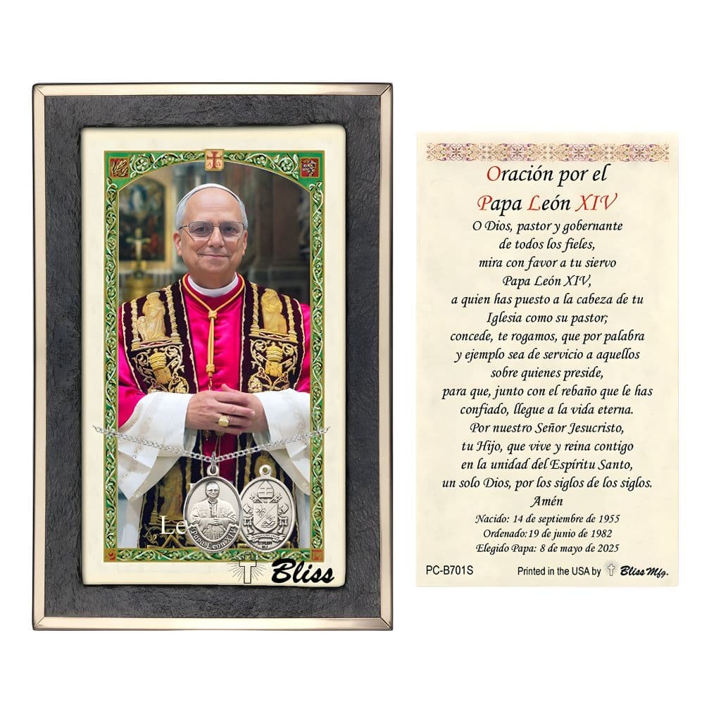 Bliss Sterling Silver Papa Leon XIV medal 3/4" x 1/2" on a 18 inch Heavy Curb Chain with a Spanish Prayer for Pope Leo XIV