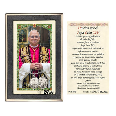 Sterling Silver Papa Leon XIV medal 3/4" x 1/2" on a 18 inch Heavy Curb Chain with a Spanish Prayer for Pope Leo XIV, Bliss Manufacturing