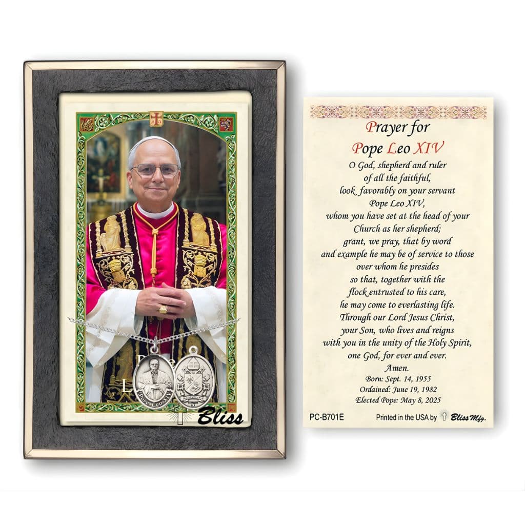 Bliss Sterling Silver Pope Leo XIV medal 3/4" x 1/2" on a 18 inch Heavy Curb Chain with a Prayer for Pope Leo XIV Prayer 