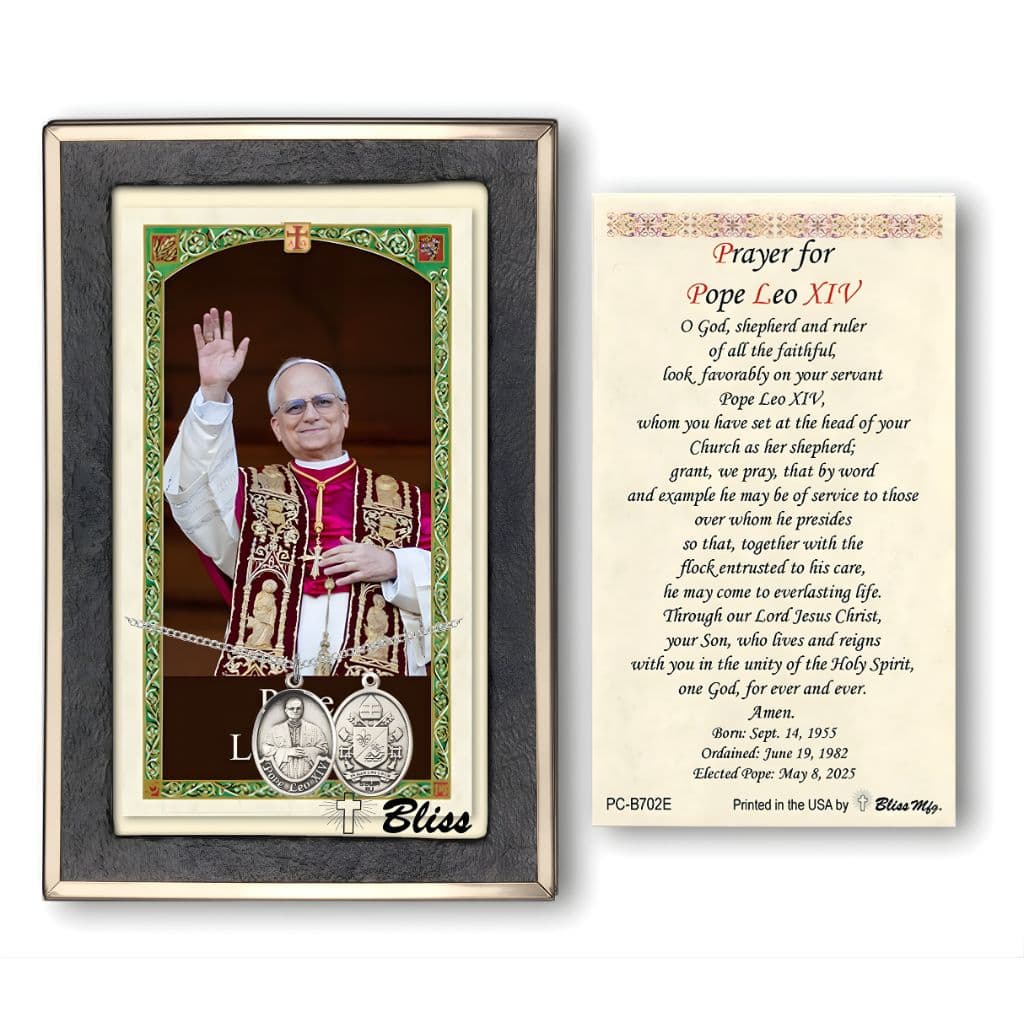 Bliss Sterling Silver Pope Leo XIV medal 3/4" x 1/2" on a 18 inch Heavy Curb Chain with a Prayer with Pope Leo XIV Waving Holy Card