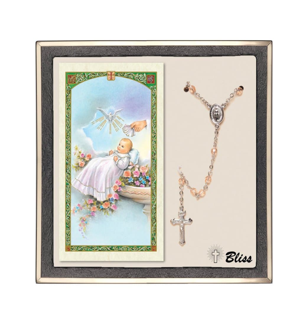 Silver Light Rose Rosary and Baptism Blessing Prayer Card Gifts Set