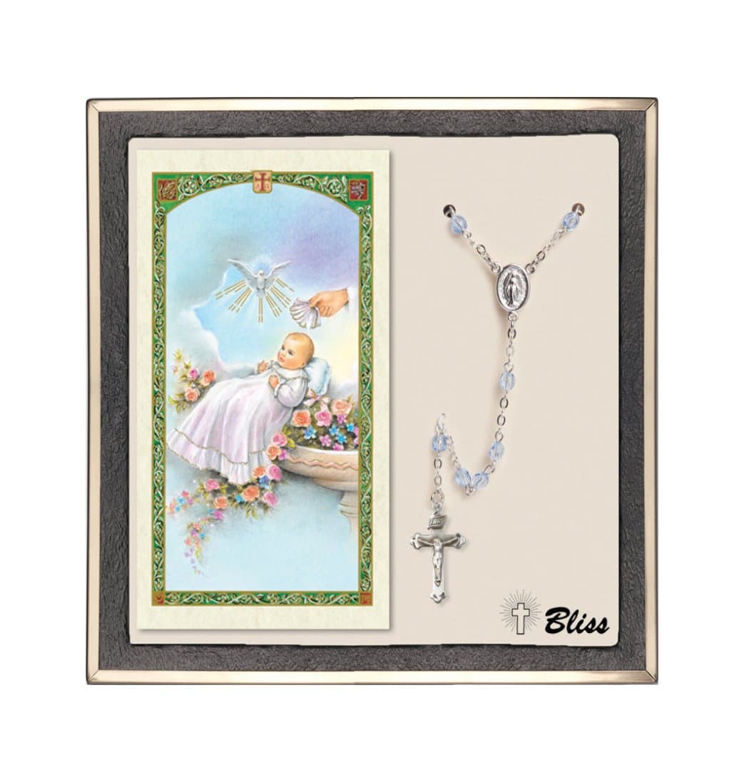 Silver Sapphire Rosary and Baptism Blessing Prayer Card Gifts Set