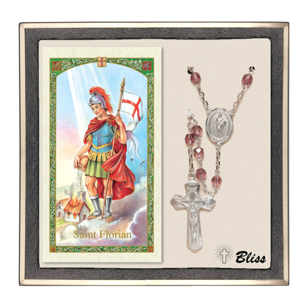 St Florian Crystal Rosary with Firefighter Prayer Card Gifts Set