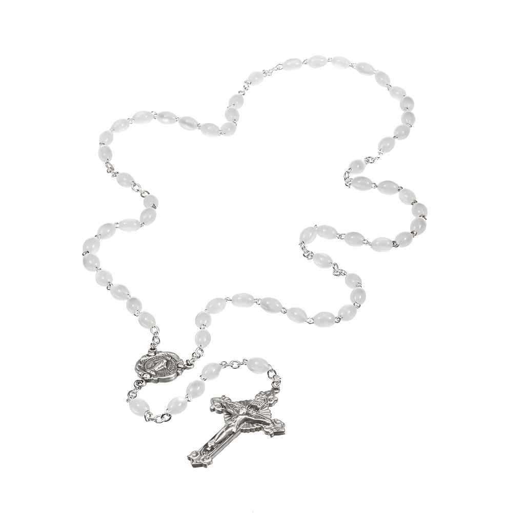 5x7mm Faux Mother of Pearl Glass Oval Beads Rosary, Crucifix and Miraculous Medal Center in Genuine Pewter (view 2)