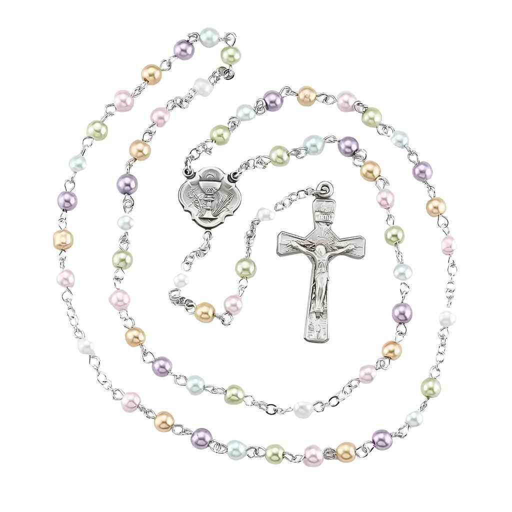 Holy Communion Multi-Color 6mm Faux Pearl Bead Pewter Rosary with a pewter chalice center and crucifix, and silver-plated chain (view 1)
