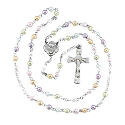 Holy Communion Multi-Color 6mm Faux Pearl Bead Pewter Rosary with a pewter chalice center and crucifix, and silver-plated chain (view 1)