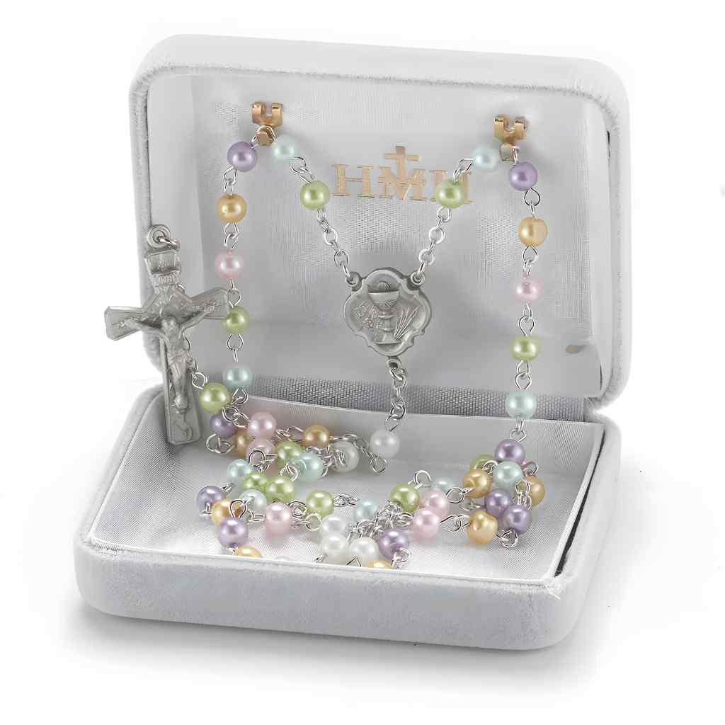 Holy Communion Multi-Color 6mm Faux Pearl Bead Pewter Rosary with a pewter chalice center and crucifix, and silver-plated chain in gift box (view 2)